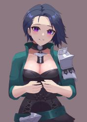 Rule 34 | 1girl, absurdres, blue hair, breasts, choker, cleavage, collarbone, female focus, fire emblem, fire emblem: three houses, grin, highres, jacket, kfsocks, large breasts, looking at viewer, nintendo, open clothes, open jacket, purple eyes, shamir nevrand, short hair, simple background, smile, solo, upper body
