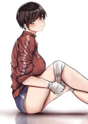 Rule 34 | 1girl, bandaged hand, bandaged knees, bandages, blue shorts, blush, breasts, breasts on lap, brown eyes, brown hair, commentary, from side, gym uniform, highres, jacket, knees up, large breasts, legs, looking at viewer, looking to the side, norman maggot, olive laurentia, on floor, original, pixie cut, reflection, short hair, short shorts, shorts, simple background, sitting, sleeves pushed up, smile, solo, thighs, track jacket, white background