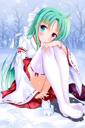Rule 34 | 1girl, ahoge, bare tree, bashen chenyue, blue eyes, blush, closed mouth, fingernails, green eyes, hair between eyes, hakama, hakama skirt, half updo, hand on own knee, head tilt, heterochromia, highres, japanese clothes, long hair, long sleeves, looking at viewer, miko, no shoes, original, outdoors, parted bangs, purple eyes, purple footwear, red hakama, ribbon-trimmed legwear, ribbon-trimmed sleeves, ribbon trim, sandals, sidelocks, sitting, skirt, smile, snow, snowflakes, snowing, soles, solo, thighhighs, translated, tree, very long hair, white thighhighs, wide sleeves, zouri