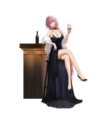 Rule 34 | 1girl, absurdres, arm support, bar stool, bare shoulders, black dress, black footwear, blue eyes, blurry, breasts, cleavage, commentary request, crossed legs, cup, dress, drinking glass, elysia (honkai impact), full body, gold bracelet, halter dress, halterneck, head tilt, high heels, highres, honkai (series), honkai impact 3rd, hs (user hvww8443), jewelry, large breasts, lips, long dress, long hair, looking at viewer, necklace, patent heels, pink hair, pointy ears, pumps, red wine, shoes, simple background, sitting, smile, solo, stiletto heels, stool, table, thighs, white background, wine, wine glass