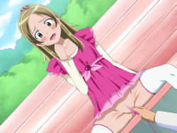 Rule 34 | 10s, 1girl, blush, brown hair, censored, dress, female focus, green eyes, long hair, male hand, minamino kanade, nature, open mouth, outdoors, plant, precure, public indecency, pussy, sex toy, sky, solo, spread legs, suite precure, tagme, vibrator