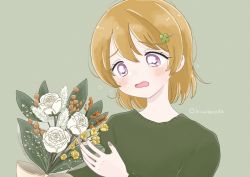 Rule 34 | 1girl, artist name, artist request, blush, bouquet, brown hair, clover hair ornament, crying, crying with eyes open, female focus, flower, green shirt, hair between eyes, hair ornament, highres, hinata (hinaboco02), holding, holding bouquet, holding flower, koizumi hanayo, love live!, love live! school idol project, purple eyes, shirt, short hair, solo, tears, upper body