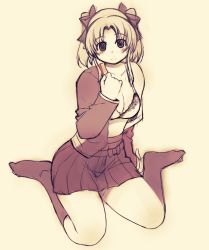 Rule 34 | 1girl, blush, bow, bra, breasts, cleavage, hair bow, mil (xration), miniskirt, monochrome, noriko nomihara, off shoulder, sepia, short twintails, sitting, skirt, socks, solo, twintails, underwear, undressing, wariza, zero in