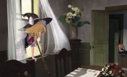 Rule 34 | 1girl, :d, black dress, black hat, blonde hair, bow, braid, buttons, chair, commentary, curtains, daisy, door, dress, flower, frilled sleeves, frills, hair bow, hat, hat bow, highres, hourai doll, indoors, kirisame marisa, long hair, neckerchief, open mouth, open window, puffy short sleeves, puffy sleeves, red flower, red neckerchief, red rose, rose, shirt, short sleeves, silhouette, single braid, smile, solo, sunflower, table, teeth, touhou, tsukechi, upper teeth only, vase, white bow, white flower, white shirt, window, witch hat, yellow flower