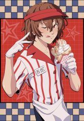 Rule 34 | 1boy, akechi gorou, apron, brown hair, crepe, food, gloves, hat, highres, male focus, name tag, official alternate costume, persona, persona 5, red hat, saposaki, shirt, solo, striped clothes, striped shirt, tongue, tongue out, white gloves