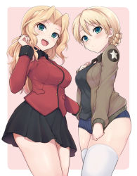 Rule 34 | 2girls, black shirt, black skirt, blonde hair, blue eyes, blue shorts, blush, braid, breasts, brown jacket, closed mouth, cosplay, costume switch, cowboy shot, cutoffs, darjeeling (girls und panzer), denim, denim shorts, emblem, epaulettes, girls und panzer, green eyes, hand in own hair, head tilt, highres, jacket, jacket tug, kasai shin, kay (girls und panzer), long hair, long sleeves, looking at viewer, military, military uniform, miniskirt, multiple girls, open mouth, outside border, pink background, pleated skirt, red jacket, saunders military uniform, shirt, short hair, short shorts, shorts, simple background, skirt, smile, st. gloriana&#039;s military uniform, standing, star (symbol), thighhighs, thighs, uniform, white legwear