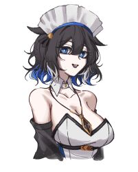 Rule 34 | 1girl, animal ears, arknights, black hair, black sleeves, blue eyes, blue hair, breasts, bright pupils, cleavage, collar, colored tips, detached collar, detached sleeves, dress, hair between eyes, highres, jewelry, kjera (arknights), kjera (ingenious servant) (arknights), large breasts, looking at viewer, maid, multicolored hair, necklace, official alternate costume, open mouth, petra (jgc845601), short hair, simple background, solo, strapless, strapless dress, upper body, white background, white collar, white pupils