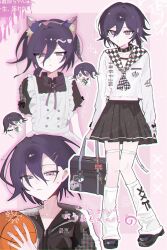 1boy alternate_costume bag ball basketball_(object) black_skirt checkered_neckerchief chibi crossdressing danganronpa_(series) danganronpa_v3:_killing_harmony enmaided hair_between_eyes happy highres holding holding_bag maid male_focus mijinko-teido miniskirt monokuma multiple_views neckerchief oma_kokichi pleated_skirt purple_hair saihara_shuichi school_uniform shirt short_hair skirt smile socks white_shirt white_socks