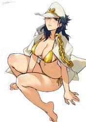 1girl arm_support barefoot bikini black_hair blush breasts chain closed_mouth coat coat_on_shoulders covered_erect_nipples diamond_wa_kudakenai full_body genderswap genderswap_(mtf) gold_bikini green_eyes hat highres jojo_no_kimyou_na_bouken kotatsu_(g-rough) kuujou_joutarou large_breasts long_hair looking_at_viewer navel signature solo swimsuit unfinished white_background white_coat white_hat