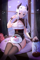 Rule 34 | 1girl, absurdres, ahoge, black dress, blue eyes, breasts, brown thighhighs, bug, butterfly, cake, cake slice, demon girl, demon horns, demon tail, dress, food, grin, hair ornament, hand up, highres, horns, insect, jayamon, lamp, large breasts, long hair, looking at viewer, mole, mole on breast, mole under eye, original, pelvic curtain, see-through, short dress, side-tie peek, sitting, smile, solo, strapless, strapless dress, tail, thigh strap, thighhighs, thighs, white hair, wrist cuffs