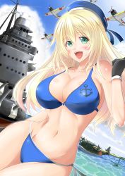 Rule 34 | 10s, 1girl, a6m zero, aircraft, airplane, atago (cruiser), atago (kancolle), bikini, blonde hair, blue bikini, blush, breasts, cleavage, gloves, green eyes, h8k, hat, highres, historical name connection, ichikawa feesu, kantai collection, large breasts, long hair, name connection, navel, object namesake, ocean, open mouth, personification, shiny skin, side-tie bikini bottom, smile, solo, swimsuit, thigh gap, water