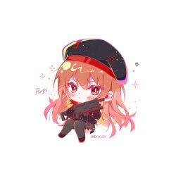 Rule 34 | 1girl, belt pouch, beret, black choker, black gloves, black jacket, black thighhighs, blush stickers, character name, chibi, choker, closed mouth, cropped jacket, frown, gloves, goddess of victory: nikke, hair between eyes, hat, holding, holding weapon, jacket, kadiel, light brown hair, long hair, orange eyes, pouch, rapi (nikke), solo, thighhighs, twitter username, weapon