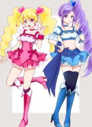 Rule 34 | 2girls, :d, aono miki, blonde hair, blue choker, blue footwear, blue skirt, boots, choker, commentary request, cure berry, cure peach, dress, earrings, fresh precure!, frilled skirt, frills, hair ornament, hairband, hana (rwjv5287), happy, high heel boots, high heels, jewelry, knee boots, kneehighs, long hair, looking at viewer, magical girl, midriff, momozono love, multiple girls, navel, open mouth, pink choker, pink dress, pink footwear, precure, puffy sleeves, side ponytail, skirt, smile, socks, thighhighs, thighs, twintails, very long hair, wrist cuffs