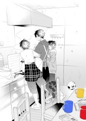 3boys ^_^ ahoge apron arm_hug ball blush book bottle bowl brothers buster_bros!!! closed_eyes clothes_around_waist clothes_grab coffee_mug cooking cooking_pot cup full_body greyscale hair_between_eyes highres hood hoodie hypnosis_mic jacket_over_hoodie kitchen male_focus mole mole_under_eye mole_under_mouth monochrome mug multiple_boys shirt shirt_around_waist short_hair siblings slippers smile soccer_ball spot_color table wooden_chair yamada_ichiro yamada_jiro yamada_saburo yuuma_(omaeno_meinichi)