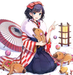 Rule 34 | 1girl, :d, animal, ball, black hair, blue eyes, blue hakama, blush, boar, bow, braid, carrying, chinese zodiac, commentary request, flower, fur collar, furisode, hair bow, hakama, hakama skirt, hand up, japanese clothes, kimono, lamp, long sleeves, looking at viewer, miracle mallet, oil-paper umbrella, open mouth, original, petals, pink flower, red bow, red kimono, seiza, short hair, sidelocks, sitting, skirt, smile, solo, teeth, tokeshi, umbrella, upper teeth only, v, wavy hair, white background, wide sleeves, year of the pig