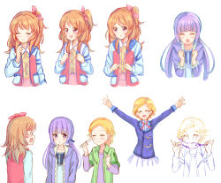Rule 34 | 0 0, 3girls, :d, :o, ^ ^, aikatsu!, aikatsu! (series), arms up, blonde hair, blue jacket, blue ribbon, blue shirt, blush, braid, brown eyes, brown hair, chopsticks, clenched hands, closed eyes, closed mouth, collarbone, eating, fish, hair ribbon, hikami sumire, holding, holding chopsticks, jacket, long hair, long sleeves, low twintails, makiaato, multiple girls, multiple views, one side up, ozora akari, open clothes, open jacket, open mouth, outstretched arms, parted lips, pink ribbon, pink skirt, pleated skirt, pocket, purple eyes, purple hair, purple jacket, ribbon, school uniform, shinjo hinaki, shirt, short hair, simple background, skirt, smile, starlight academy school uniform, surprised, twintails, very long hair, white background, white shirt, white skirt