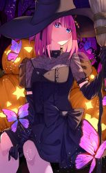 Rule 34 | 1girl, absurdres, black dress, blue eyes, broom, bug, butterfly, butterfly hair ornament, dress, eyes visible through hair, gloves, go-toubun no hanayome, hair ornament, halloween, hat, highres, insect, looking at viewer, nakano nino, pink hair, pumpkin, sky, solo, star (sky), starry sky, tamago sando, witch, witch hat