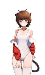 Rule 34 | 1girl, animal ears, bare shoulders, bell, blush, brown hair, brown hairband, cat ears, cat tail, closed mouth, collar, collarbone, commission, competition school swimsuit, covered navel, cowboy shot, fake animal ears, flat chest, hairband, hand on own thigh, highres, jacket, jingle bell, long sleeves, looking at viewer, mole, mole on thigh, mole under eye, moth1, neck bell, one-piece swimsuit, open clothes, open jacket, original, prunechi, red eyes, red jacket, school swimsuit, shirt, short hair, simple background, smile, solo, swimsuit, swimsuit under clothes, tail, thigh gap, thighhighs, white one-piece swimsuit, white shirt, white thighhighs