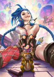 Rule 34 | 1girl, aircraft, bare shoulders, blue hair, braid, dirigible, fingerless gloves, gloves, highres, jinx (league of legends), league of legends, long hair, looking at viewer, nail polish, one eye closed, pink eyes, pointing, pointing at viewer, sinobilante, smile, solo, spread legs, tattoo, thighs, twin braids, very long hair