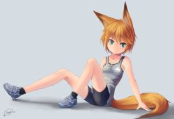 Rule 34 | 1girl, animal ears, arm support, bad id, bad pixiv id, bike shorts, breasts, collarbone, dreadtie, fox ears, fox tail, green eyes, orange hair, original, shoes, short hair, signature, sitting, small breasts, sneakers, socks, solo, tail, tank top