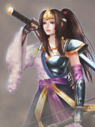 Rule 34 | 1girl, arm guards, armor, breastplate, brown eyes, brown hair, cowboy shot, expressionless, headband, holding, holding sword, holding weapon, ina (urobronai), inahime, ponytail, sengoku musou, shoulder pads, sidelocks, solo, sword, weapon