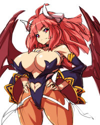 Rule 34 | 1girl, bare shoulders, bat wings, breasts, cleavage, clothing cutout, demon girl, heart cutout, horns, huge breasts, la pucelle, maou prier, navel, navel cutout, nekomamire, nippon ichi, pantyhose, prier, red eyes, red hair, revealing clothes, smile, solo, wings