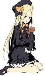Rule 34 | 1girl, abigail williams (fate), black bow, black dress, black footwear, black hat, blue eyes, bow, closed mouth, dress, eyes visible through hair, fate/grand order, fate (series), hat, holding, holding stuffed toy, long hair, long sleeves, looking at viewer, orange bow, parted bangs, polka dot, polka dot bow, shiseki hirame, shoes, simple background, sitting, sleeves past fingers, sleeves past wrists, solo, stuffed animal, stuffed toy, teddy bear, very long hair, wariza, white background