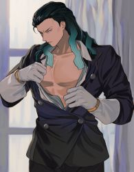 Rule 34 | 1boy, black hair, blouse, blue eyes, blue hair, closed mouth, commentary request, dressing, expressionless, fate/grand order, fate (series), gloves, gradient hair, highres, jacket, long hair, long sleeves, looking away, male focus, multicolored hair, nikola tesla (fate), open clothes, open jacket, open shirt, pectorals, shirt, solo, sosaka, toned, toned male, upper body, white gloves, white shirt