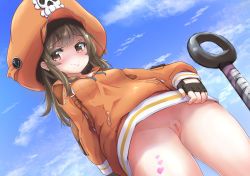 Rule 34 | 1girl, arc system works, blush, bottomless, breasts, brown eyes, brown hair, cleft of venus, day, fingerless gloves, from below, gloves, guilty gear, guilty gear strive, hat, heart, heart tattoo, long hair, looking at viewer, may (guilty gear), orange hat, orange shirt, pirate hat, pussy, rabittofaa, shirt, skull and crossbones, sky, smile, solo, tattoo, uncensored