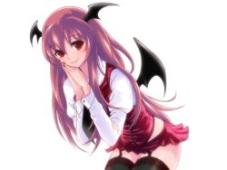 Rule 34 | 1girl, bad id, bad pixiv id, bat wings, black thighhighs, cnj (artist), garter straps, head wings, koakuma, long hair, miniskirt, own hands together, red eyes, red hair, simple background, skirt, solo, thighhighs, touhou, white background, wings