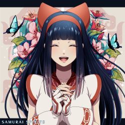 Rule 34 | 1girl, absurdres, ainu, ainu clothes, bandana, bow, breasts, closed eyes, collarbone, hands up, happy, headband, highres, interlocked fingers, japanese clothes, long hair, looking at viewer, medium breasts, nakoruru, official art, open mouth, own hands clasped, own hands together, palms together, red bow, samurai spirits, sleeveless, smile, snk, solo, wrist guards, yumi saji