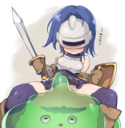 Rule 34 | 1girl, atte nanakusa, bare shoulders, blue hair, blush, boots, breasts, brown footwear, brown gloves, closed mouth, clothes lift, dragon quest, gloves, holding, holding sword, holding weapon, lifted by self, mask, medium breasts, navel, no panties, purple skirt, purple thighhighs, pussy, shield, short hair, sitting, skirt, skirt lift, slime (creature), slime (dragon quest), slime (substance), spread legs, sweatdrop, sword, thighhighs, weapon