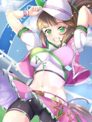 Rule 34 | 1girl, animal ears, applestar12, arms up, breasts, breasts apart, brown hair, covered navel, cowboy shot, crop top, cropped jacket, diagonal bangs, ear covers, from below, gluteal fold, green eyes, grin, hat, highres, holding, holding clothes, holding hat, horse ears, horse girl, horse tail, ines fujin (umamusume), jacket, large breasts, looking at viewer, midriff, miniskirt, open clothes, open jacket, outdoors, shorts, shorts under skirt, side ponytail, single ear cover, skirt, smile, solo, tail, umamusume, visor cap