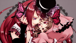 Rule 34 | 1boy, 1girl, black hat, blue eyes, brown hair, butterfly wings, closed mouth, detached sleeves, face-to-face, frilled sleeves, frills, gloves, hanaji, hand on another&#039;s head, hand on headphones, hand on own head, hat, hat ribbon, head tilt, headphones, headset, hetero, hood, hug, insect wings, lace background, leaning on person, long hair, looking at another, magnet (vocaloid), microphone, namine ritsu, open mouth, ouka miko, pink gloves, pink lips, red eyes, red hair, ribbon, see-through, smile, swept bangs, top hat, trap, upper body, utau, vippaloid, vocaloid, white ribbon, wings