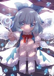 Rule 34 | 1girl, bad id, bad pixiv id, blue dress, blue eyes, blue hair, circled 9, cirno, dress, flower, hair ornament, hair ribbon, ice, ice wings, looking to the side, matching hair/eyes, pout, puffy sleeves, ribbon, short hair, short sleeves, simple background, sitting, socks, solo, starry shizen, touhou, tree shade, white socks, wings