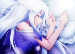 Rule 34 | 1girl, closed eyes, highres, long hair, lying, on side, parted lips, pillow, quinella, short sleeves, sleeping, solo, sword art online, sword art online: alicization, upper body, user cycx2445, white hair