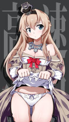 Rule 34 | 1girl, 547th sy, black hairband, blonde hair, blue eyes, braid, breasts, cleavage, clothes lift, commentary request, corset, cowboy shot, crown, dress, dress lift, flower, gluteal fold, grey background, hairband, half up braid, highres, jewelry, kantai collection, lifting own clothes, long hair, long sleeves, medium breasts, mini crown, necklace, off-shoulder dress, off shoulder, panties, red flower, red ribbon, red rose, ribbon, rose, solo, standing, text background, thighhighs, underwear, warspite (kancolle), white dress, white panties