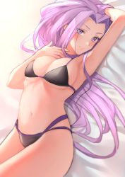 Rule 34 | 1girl, arm behind head, arm up, armpits, backlighting, bare shoulders, bikini, black bikini, blush, breasts, cleavage, closed mouth, fate/stay night, fate (series), female focus, forehead, hair intakes, highres, kojirou musashi, long hair, looking at viewer, lying, matching hair/eyes, medium breasts, medusa (fate), medusa (rider) (fate), multi-strapped bikini, navel, on back, parted bangs, purple eyes, purple hair, slit pupils, smile, solo, swimsuit, underboob, very long hair