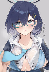 Rule 34 | 1girl, after paizuri, black bra, blue-framed eyewear, blue archive, blue eyes, blue hair, blue necktie, blush, bra, bra visible through clothes, breasts, buttons, chihiro (blue archive), cleavage cutout, closed mouth, clothing cutout, collarbone, collared shirt, cum, cum on body, cum on breasts, cum on upper body, cumdrip, eyes visible through hair, glasses, hair between eyes, hair ornament, hairclip, halo, highres, holding necktie, large breasts, light smile, long sleeves, looking at viewer, necktie, open mouth, oza osuwari, pov, pov hands, semi-rimless eyewear, shirt, short hair, sweatdrop, translation request, under-rim eyewear, underwear, white shirt