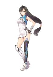 Rule 34 | 1girl, ahoge, armor, armored boots, asymmetrical legwear, black hair, blade arcus from shining, blue eyes, boots, bow, breasts, cleavage, cleavage cutout, clenched hand, clothing cutout, covered navel, dress, full body, hair ornament, hairclip, hand on own hip, high heels, jpeg artifacts, knee boots, long hair, long legs, looking at viewer, low-tied long hair, microdress, pairon, shining (series), short dress, simple background, solo, standing, taut clothes, tony taka, uneven legwear, very long hair, white background