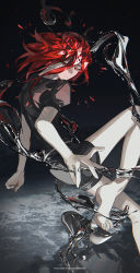 Rule 34 | 1other, androgynous, barefoot, black footwear, black shirt, cinnabar (houseki no kuni), clenched hand, floating, frown, hair between eyes, high heels, highres, houseki no kuni, k00s, medium hair, open hand, planet, red eyes, red hair, shirt, shoes, unworn shoes, soles, space