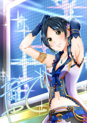 Rule 34 | 10s, 1girl, asymmetrical gloves, black hair, breasts, gloves, hayami kanade, highres, idolmaster, idolmaster cinderella girls, idolmaster cinderella girls starlight stage, jewelry, murabito c, navel, necklace, parted bangs, short hair, smile, solo, uneven gloves, yellow eyes