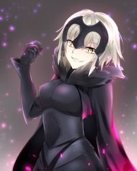 Rule 34 | 1girl, armor, blonde hair, cape, fate/grand order, fate (series), grey background, highres, jeanne d&#039;arc (fate), jeanne d&#039;arc alter (avenger) (fate), jeanne d&#039;arc alter (fate), nogi lief, ruler (fate/grand order), short hair, smile, solo, yellow eyes