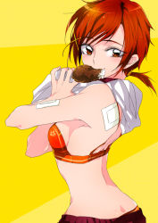 Rule 34 | 10s, 1girl, bandaid, bra, breasts, food, hino akane (smile precure!), mouth hold, precure, red eyes, red hair, short hair, smile precure!, solo, tima, underwear