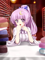 Rule 34 | 1girl, alternate hairstyle, blush, book, crescent, crescent hair ornament, crescent moon, female focus, frown, hair ornament, hair ribbon, library, long hair, miki purasu, moon, no headwear, open mouth, patchouli knowledge, ponytail, purple eyes, purple hair, ribbon, sitting, solo, touhou, voile