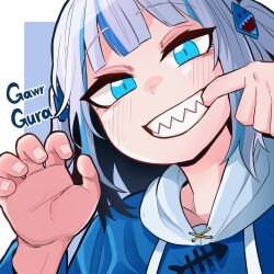 Rule 34 | 1girl, blue eyes, blunt bangs, character name, finger in own mouth, gawr gura, hair ornament, hairpin, hand up, highres, hololive, hololive english, hood, hood down, hoodie, looking at viewer, multicolored hair, portrait, sharp teeth, simple background, smile, solo, streaked hair, sung08ko, teeth, two-tone hair, virtual youtuber, white hair