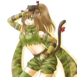 Rule 34 | 1girl, :d, animal, animal ears, animal on head, belt, black cat, breasts, brown belt, camouflage, camouflage scarf, camouflage shorts, cat, cat ears, cat on head, cat tail, cleavage, commentary request, cowboy shot, drop shadow, fingerless gloves, gloves, green gloves, green scarf, green shorts, green thighhighs, green tube top, high ponytail, long hair, looking afar, manoji, medium breasts, midriff, on head, open mouth, ragnarok online, ranger (ragnarok online), scarf, shading eyes, shorts, simple background, smile, solo, strapless, tail, thighhighs, tube top, white background