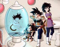 Rule 34 | 1girl, 3boys, :o, armor, bardock, barefoot, black eyes, black hair, boots, brothers, child, clenched hand, collarbone, dragon ball, dragonball z, family, father and son, gine, hand on another&#039;s head, husband and wife, kneeling, masa (p-piyo), monkey tail, mother and son, multiple boys, muscular, nude, pantyhose, raditz, scar, siblings, sitting, sleeping, smile, son goku, spiked hair, tail, toes