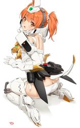 Rule 34 | 1girl, ass, back, blush, breasts, butt crack, elbow gloves, frame arms girl, gaigar, gloves, hair ornament, hair rings, highres, mecha, mecha musume, open mouth, orange eyes, orange hair, panties, personification, robot, short hair, side-tie panties, simple background, sitting, solo, tail, teeth, tight clothes, twintails, underwear, white background, white gloves, white panties, yd (orange maru), yuusha ou gaogaigar, yuusha series