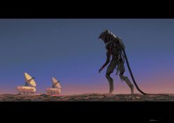 Rule 34 | absurdres, devil lo, gradient sky, highres, humanoid robot, letterboxed, no humans, non-humanoid robot, original, outdoors, robot, rock, satellite dish, signature, sky, solo, star (sky), starry sky, tube, walking